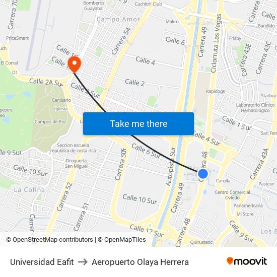 Universidad Eafit to Aeropuerto Olaya Herrera map