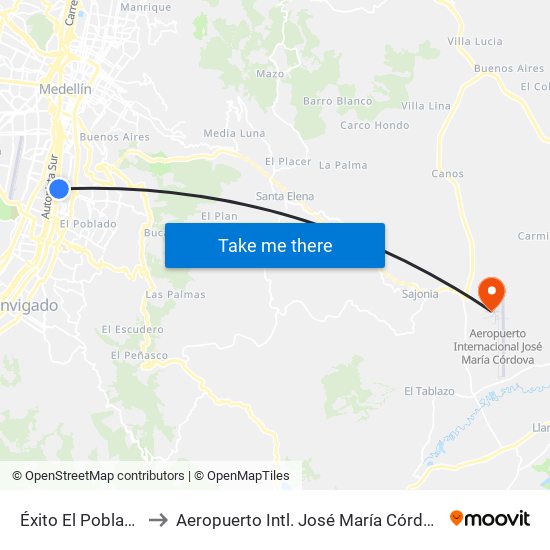 Éxito El Poblado to Aeropuerto Intl. José María Córdova map