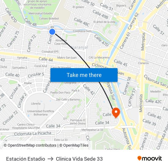 Estación Estadio to Clinica Vida Sede 33 map
