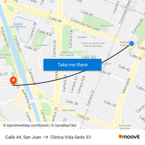 Calle 44, San Juan to Clinica Vida Sede 33 map