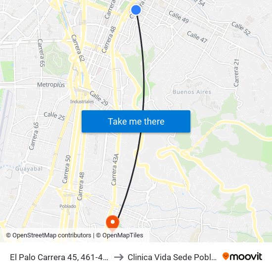 El Palo Carrera 45, 461-4697 to Clinica Vida Sede Poblado map