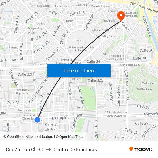 Cra 76 Con Cll 30 to Centro De Fracturas map
