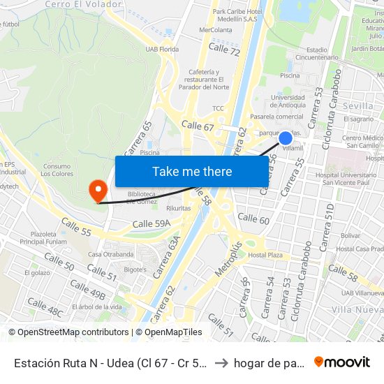 Estación Ruta N - Udea (Cl 67 - Cr 55ab, Medellín) to hogar de paso uno map
