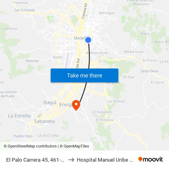 El Palo Carrera 45, 461-4697 to Hospital Manuel Uribe Angel map