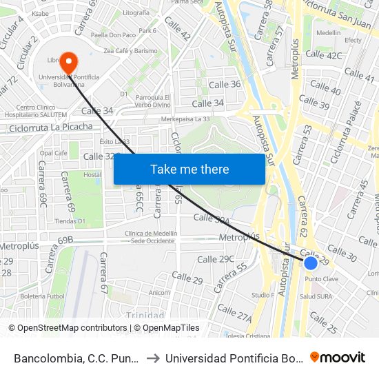 Bancolombia, C.C. Punto Clave to Universidad Pontificia Bolivariana map
