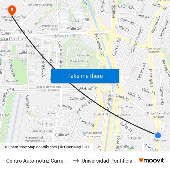 Centro Automotriz Carrera 43a, 25a-34 to Universidad Pontificia Bolivariana map