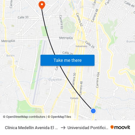 Clínica Medellín Avenida El Poblado, 72-754 to Universidad Pontificia Bolivariana map