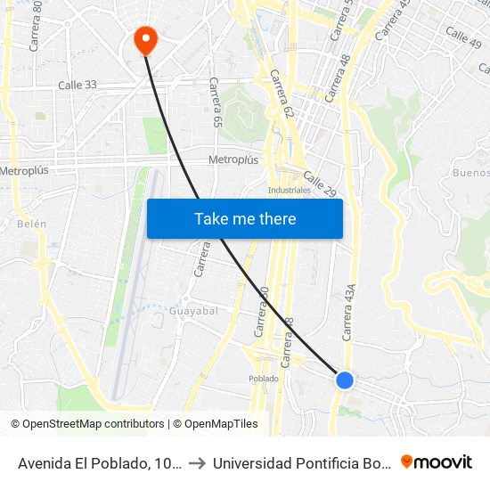 Avenida El Poblado, 102-1074 to Universidad Pontificia Bolivariana map