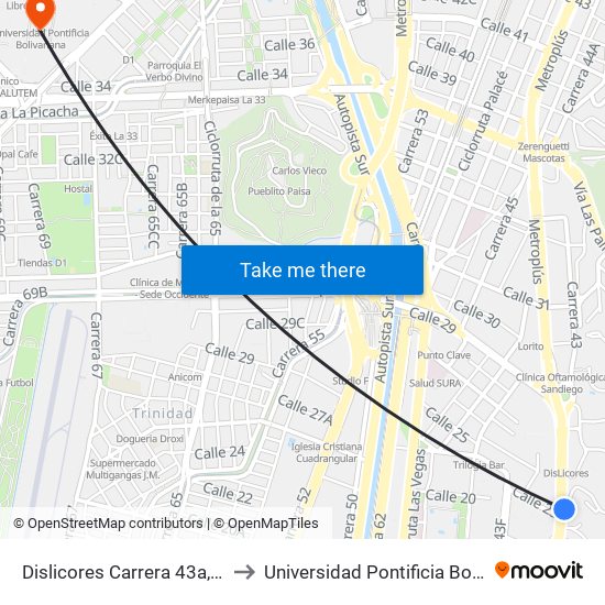 Dislicores Carrera 43a, 25a-34 to Universidad Pontificia Bolivariana map