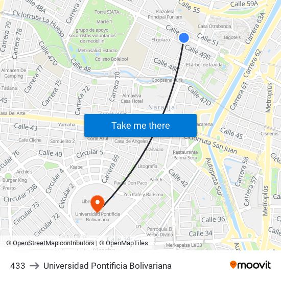 433 to Universidad Pontificia Bolivariana map