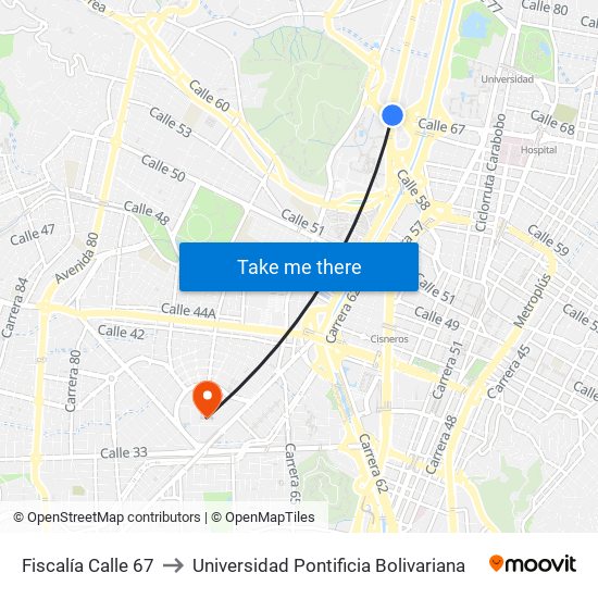 Fiscalía Calle 67 to Universidad Pontificia Bolivariana map