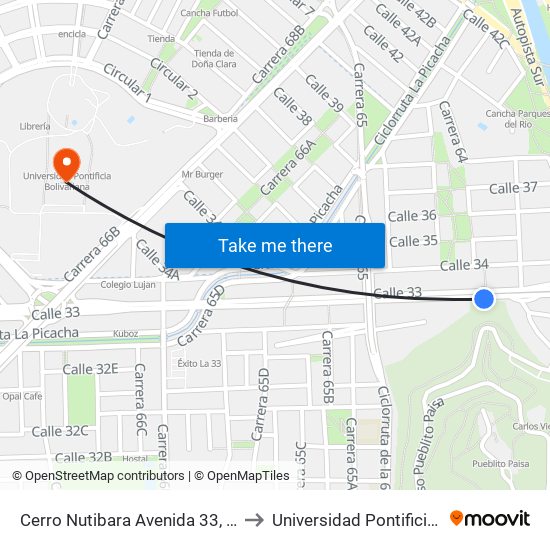 Cerro Nutibara Avenida 33, 63b73-63b141 to Universidad Pontificia Bolivariana map