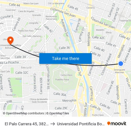 El Palo Carrera 45, 382-38108 to Universidad Pontificia Bolivariana map