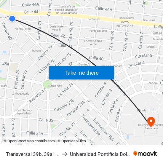 Transversal 39b, 39a1-39a23 to Universidad Pontificia Bolivariana map