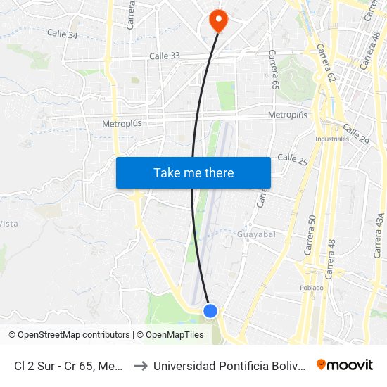 Cl 2 Sur - Cr 65, Medellín to Universidad Pontificia Bolivariana map