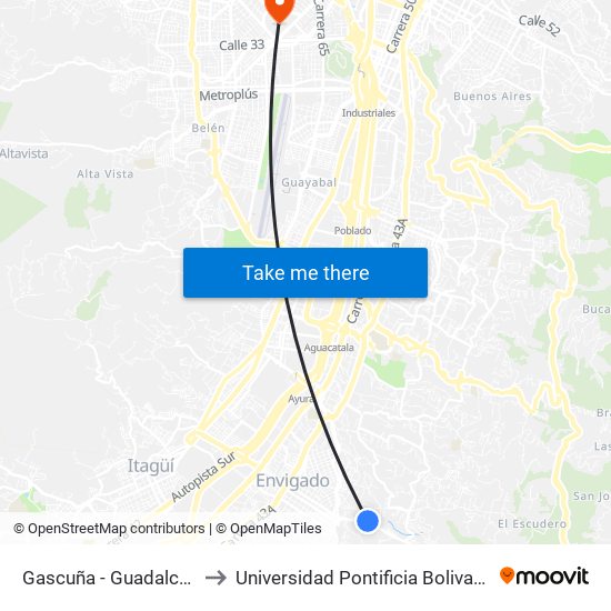 Gascuña - Guadalcanal to Universidad Pontificia Bolivariana map