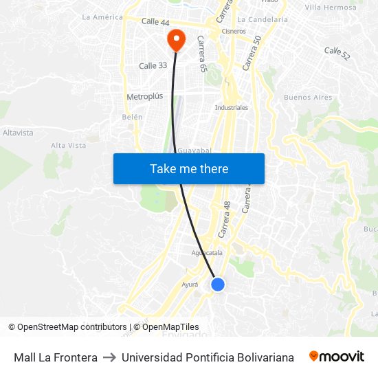 Mall La Frontera to Universidad Pontificia Bolivariana map