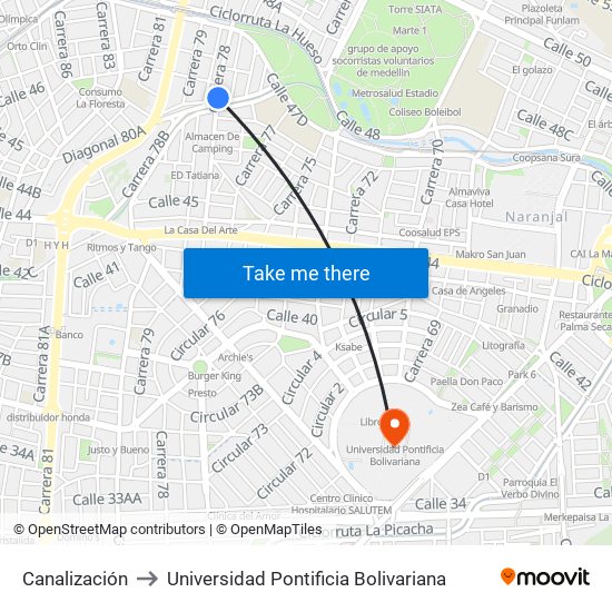 Canalización to Universidad Pontificia Bolivariana map