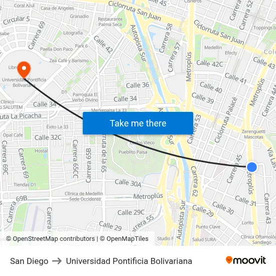 San Diego a Universidad Pontificia Bolivariana con transporte público