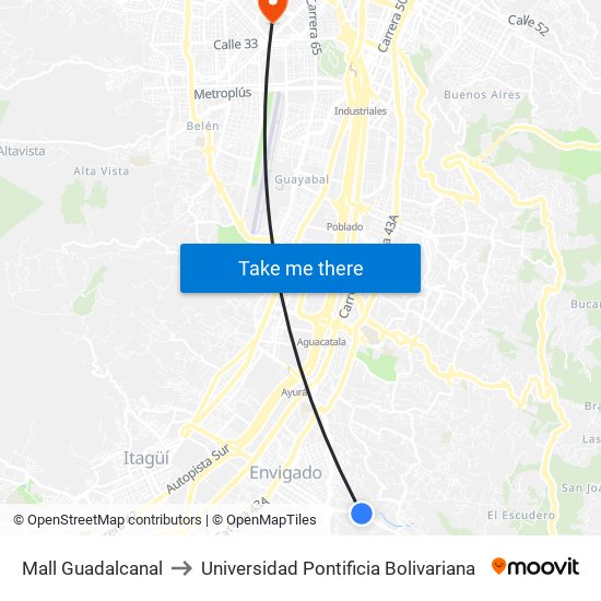 Mall Guadalcanal to Universidad Pontificia Bolivariana map