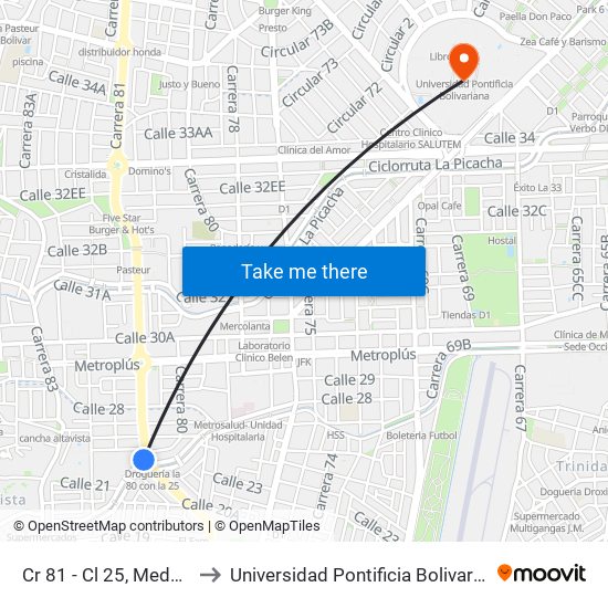 Cr 81 - Cl 25, Medellín to Universidad Pontificia Bolivariana map