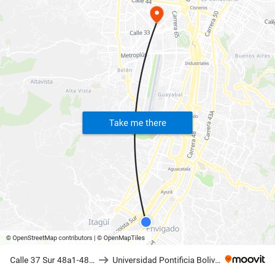 Calle 37 Sur 48a1-48a109 to Universidad Pontificia Bolivariana map