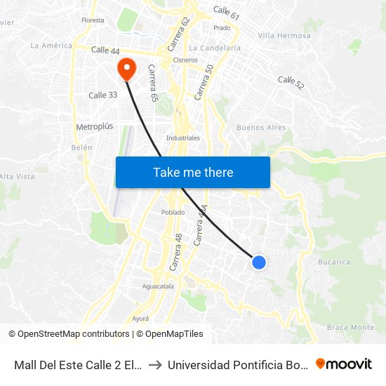 Mall Del Este Calle 2 El Tesoro to Universidad Pontificia Bolivariana map