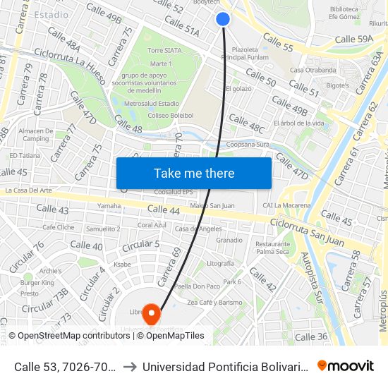 Calle 53, 7026-7040 to Universidad Pontificia Bolivariana map