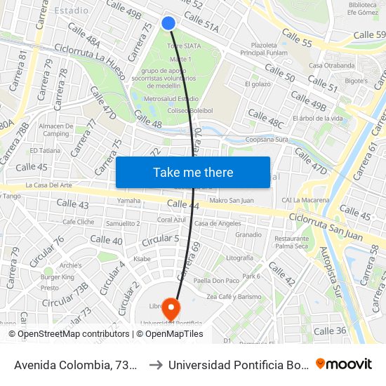 Avenida Colombia, 731-73135 to Universidad Pontificia Bolivariana map