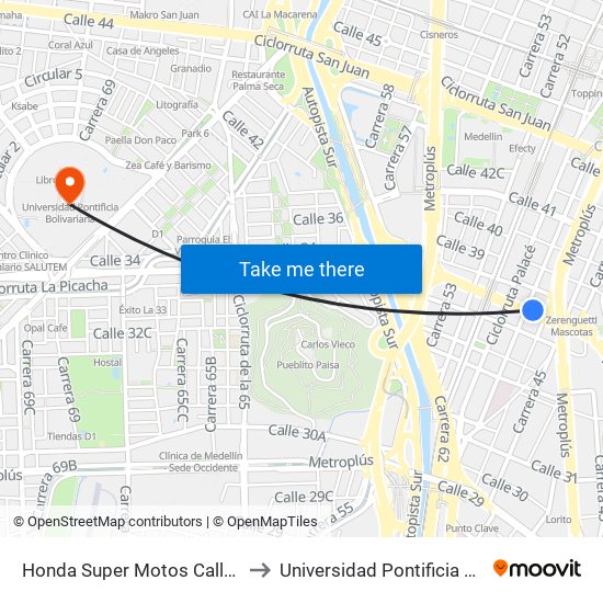 Honda Super Motos Calle 37, 48-02 to Universidad Pontificia Bolivariana map