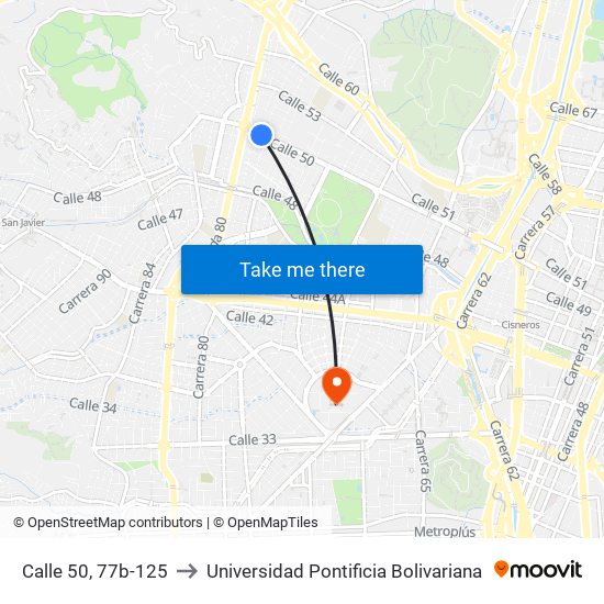 Calle 50, 77b-125 to Universidad Pontificia Bolivariana map