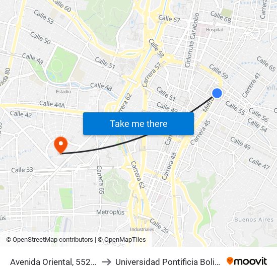Avenida Oriental, 552-5598 to Universidad Pontificia Bolivariana map
