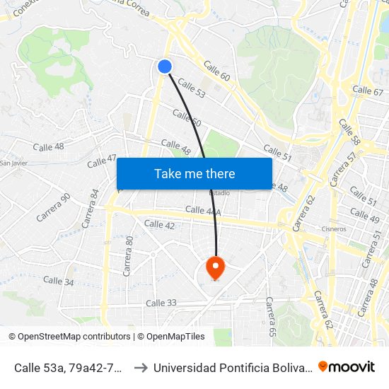 Calle 53a, 79a42-79a78 to Universidad Pontificia Bolivariana map