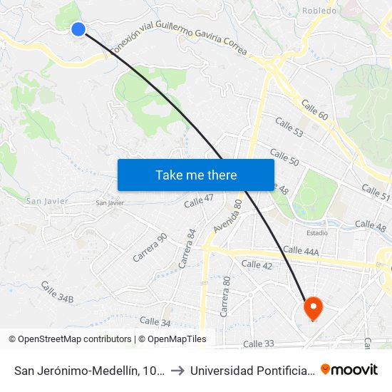 San Jerónimo-Medellín, 106a25-106a87 to Universidad Pontificia Bolivariana map