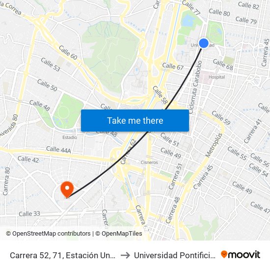 Carrera 52, 71, Estación Universidad Buses to Universidad Pontificia Bolivariana map