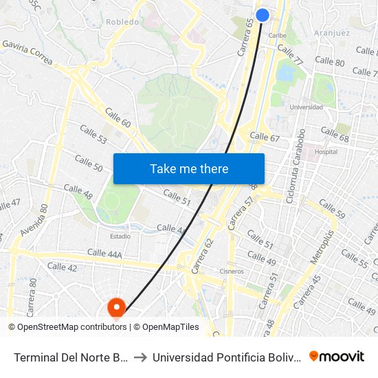 Terminal Del Norte Buses to Universidad Pontificia Bolivariana map