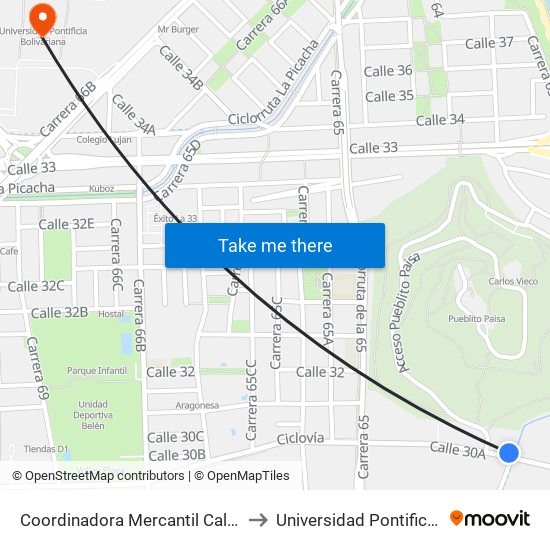 Coordinadora Mercantil Calle 30a, 552-5564 to Universidad Pontificia Bolivariana map