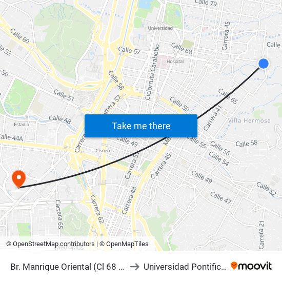 Br. Manrique Oriental (Cl 68 - Cr 36a, Medellín) to Universidad Pontificia Bolivariana map