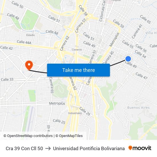 Cra 39 Con Cll 50 to Universidad Pontificia Bolivariana map