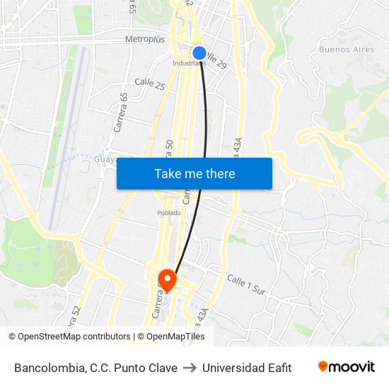 Bancolombia, C.C. Punto Clave to Universidad Eafit map