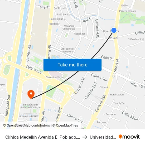 Clínica Medellín Avenida El Poblado, 5a1-5a233 to Universidad Eafit map