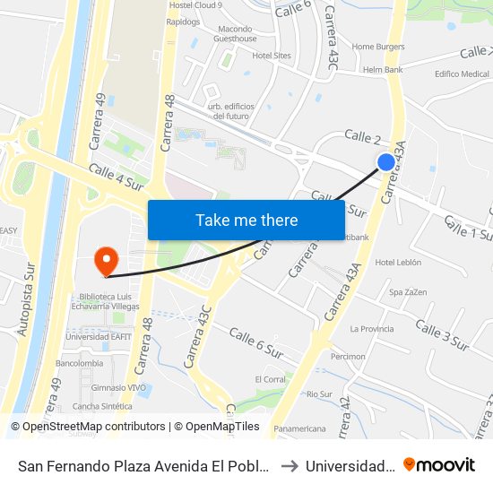 San Fernando Plaza Avenida El Poblado, 19-167 to Universidad Eafit map