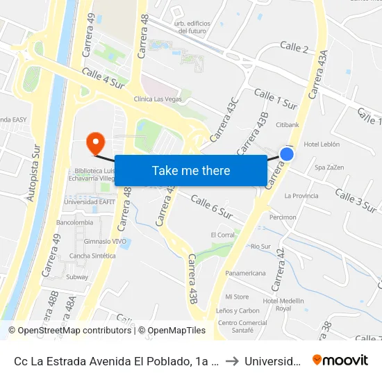 Cc La Estrada Avenida El Poblado, 1a Sur181-1a Sur215 to Universidad Eafit map