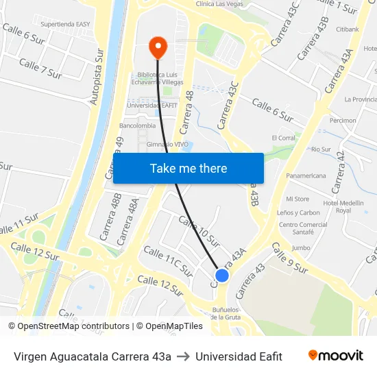 Virgen Aguacatala Carrera 43a to Universidad Eafit map