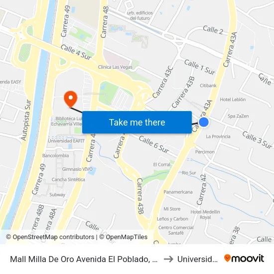 Mall Milla De Oro Avenida El Poblado, 1a Sur246-1a Sur274 to Universidad Eafit map