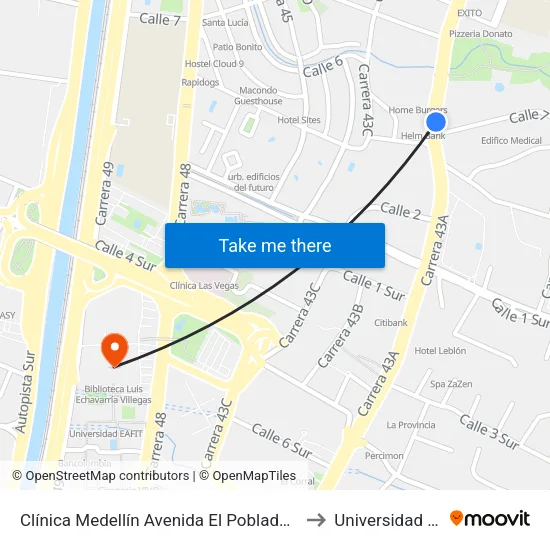 Clínica Medellín Avenida El Poblado, 72-754 to Universidad Eafit map