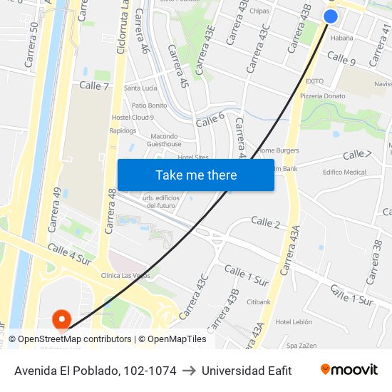 Avenida El Poblado, 102-1074 to Universidad Eafit map