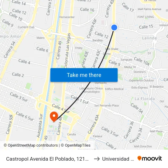 Castropol Avenida El Poblado, 12132-12196 to Universidad Eafit map