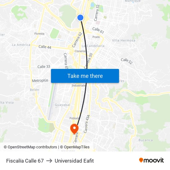 Fiscalía Calle 67 to Universidad Eafit map