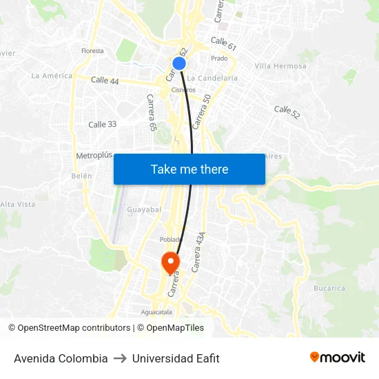 Avenida Colombia to Universidad Eafit map